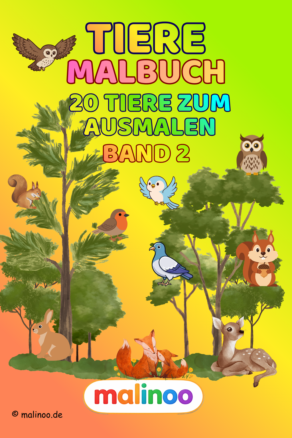 Tier Malbuch Kinder – 20 Tiere zum Ausmalen, Malbuch ab 3 Jahre, Band 2, malinoo