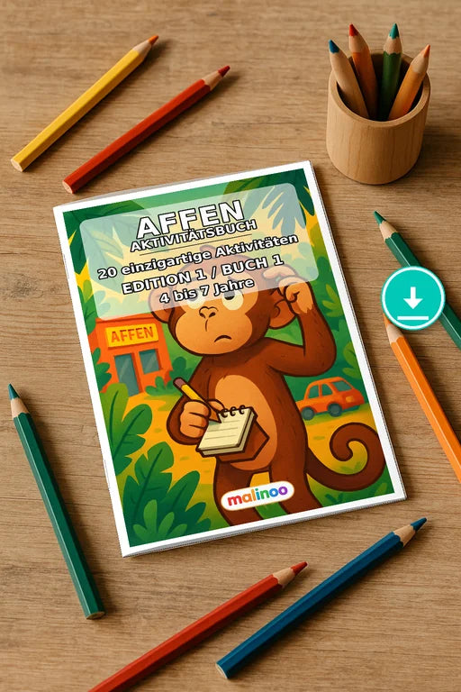 Affen Download-Set – Malbuch, Rätselbuch & Tagebuch als PDF – 10 % gespart – Rätselbuch als PDF