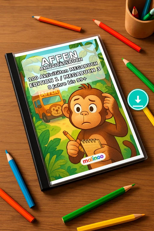 Affen Aktivitätsbuch 100 Rätsel- und Aktivitätsseiten PDF – Mockup-Ansicht