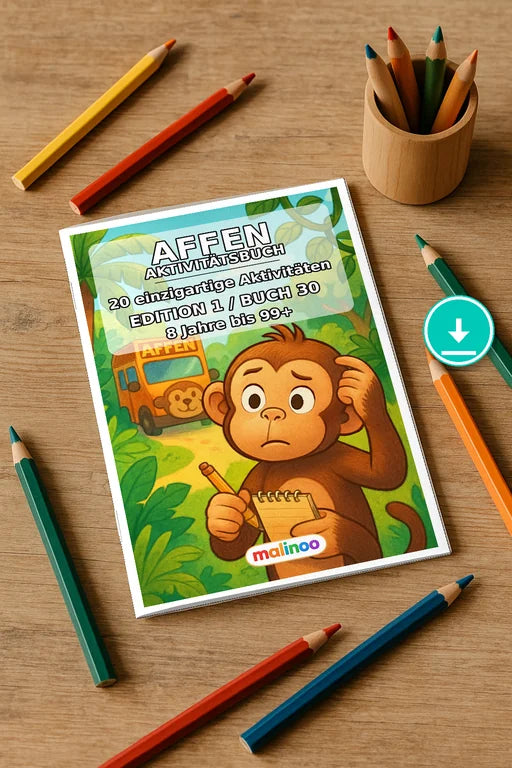 Affen Aktivitätsbuch 20 Rätsel- und Aktivitätsseiten PDF – Mockup-Ansicht
