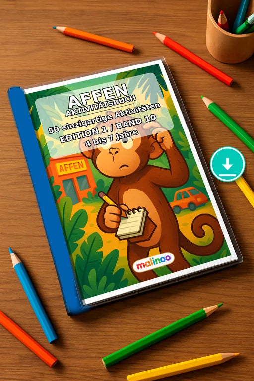 Affen Aktivitätsbuch 50 Rätsel- und Aktivitätsseiten PDF – Mockup-Ansicht