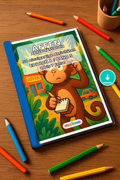 Affen Aktivitätsbuch 50 Rätsel- und Aktivitätsseiten PDF – Mockup-Ansicht