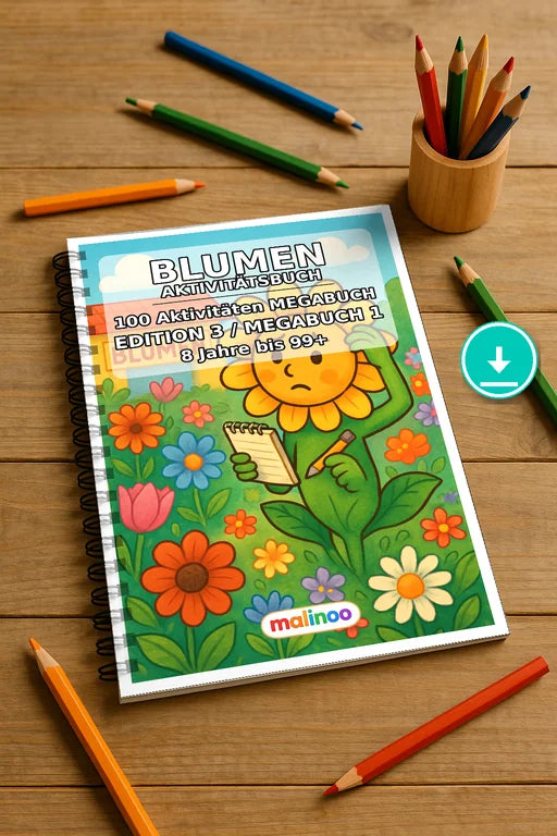 Blumen Aktivitätsbuch 100 Rätsel- und Aktivitätsseiten PDF Download – Mockup-Ansicht