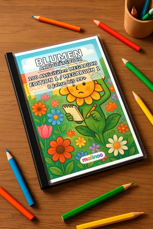 Blumen Aktivitätsbuch 100 Rätsel- und Aktivitätsseiten gedruckt+gebund – Mockup-Ansicht