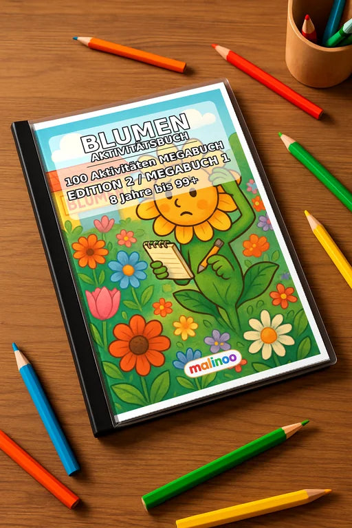Blumen Aktivitätsbuch 100 Rätsel- und Aktivitätsseiten gedruckt+gebund – Mockup-Ansicht