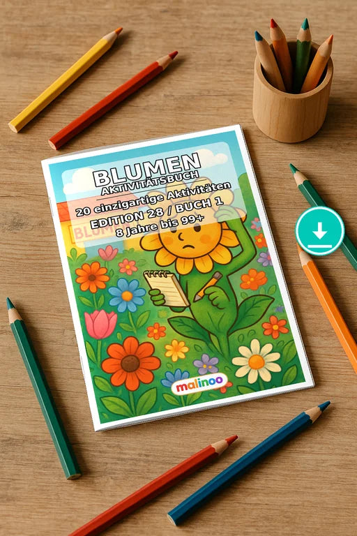 Blumen Aktivitätsbuch 20 Rätsel- und Aktivitätsseiten PDF Download – Mockup-Ansicht