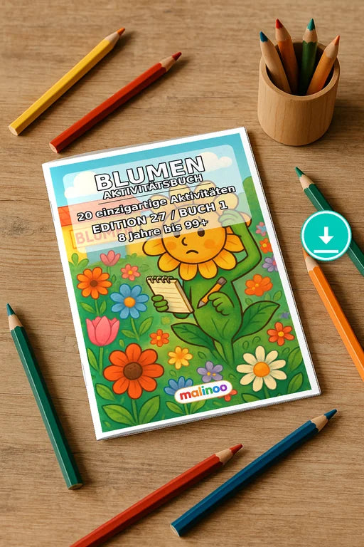 Blumen Aktivitätsbuch 20 Rätsel- und Aktivitätsseiten PDF Download – Mockup-Ansicht