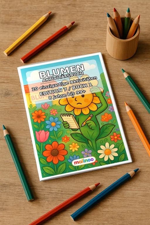 Blumen Aktivitätsbuch 20 Rätsel- und Aktivitätsseiten gedruckt+gebunde – Mockup-Ansicht