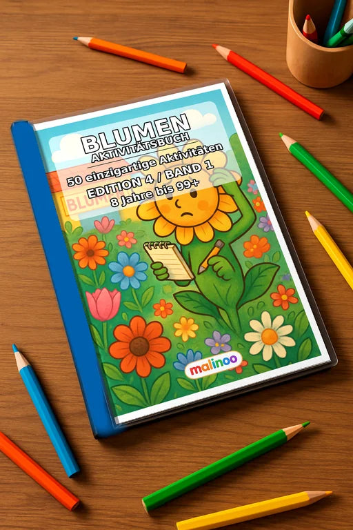 Blumen Aktivitätsbuch 50 Rätsel- und Aktivitätsseiten gedruckt+gebunde – Mockup-Ansicht