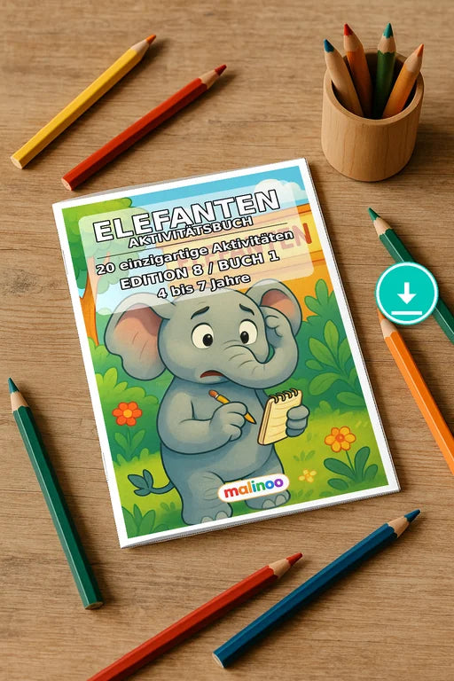 Elefanten Aktivitätsbuch 20 Rätsel- und Aktivitätsseiten PDF Download – Mockup-Ansicht