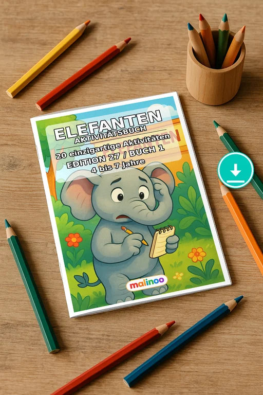 Elefanten Aktivitätsbuch 20 Rätsel- und Aktivitätsseiten PDF Download – Mockup-Ansicht