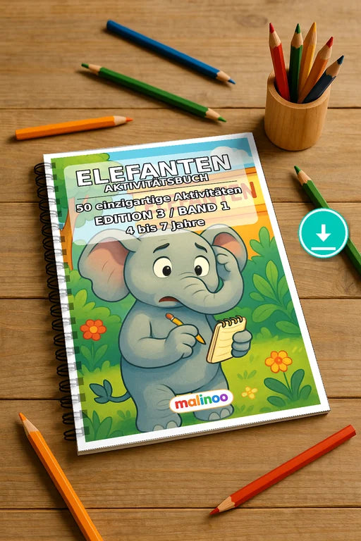 Elefanten Aktivitätsbuch 50 Rätsel- und Aktivitätsseiten PDF Download – Mockup-Ansicht