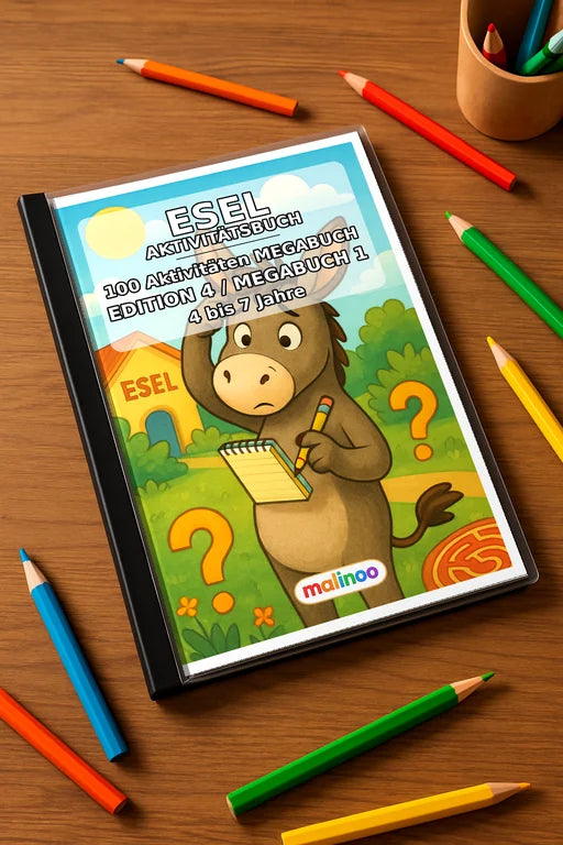 Esel Aktivitätsbuch 100 Rätsel- und Aktivitätsseiten gedruckt+gebunden – Mockup-Ansicht