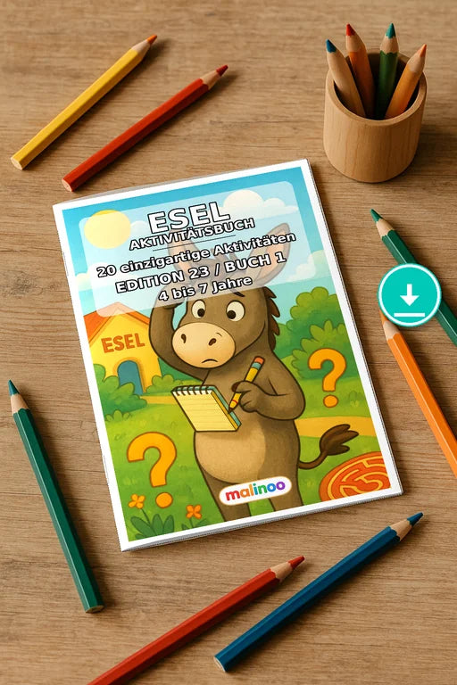 Esel Aktivitätsbuch 20 Rätsel- und Aktivitätsseiten PDF Download – Mockup-Ansicht