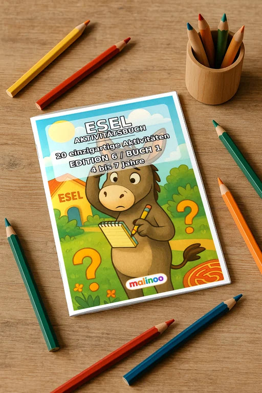 Esel Aktivitätsbuch 20 Rätsel- und Aktivitätsseiten gedruckt+gebunden – Mockup-Ansicht