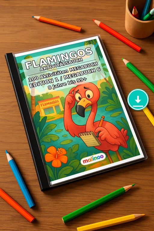 Flamingos Aktivitätsbuch 100 Rätsel- und Aktivitätsseiten – Mockup-Ansicht