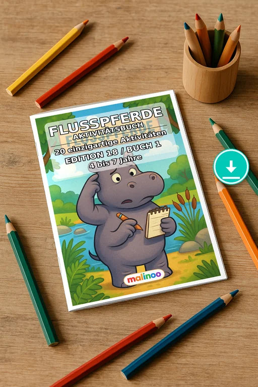 Flusspferde Aktivitätsbuch 20 Rätsel- und Aktivitätsseiten PDF Downloa – Mockup-Ansicht
