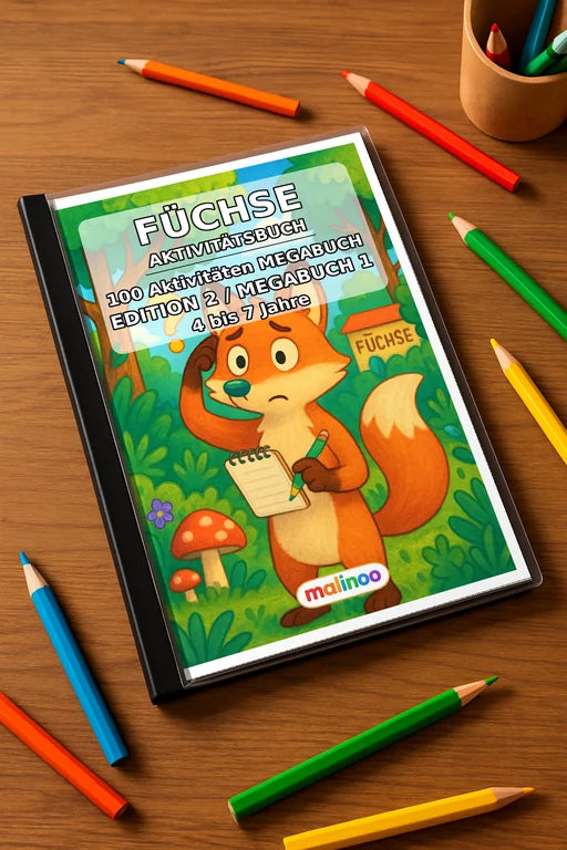 Füchse Aktivitätsbuch 100 Rätsel- und Aktivitätsseiten gedruckt+gebund – Mockup-Ansicht