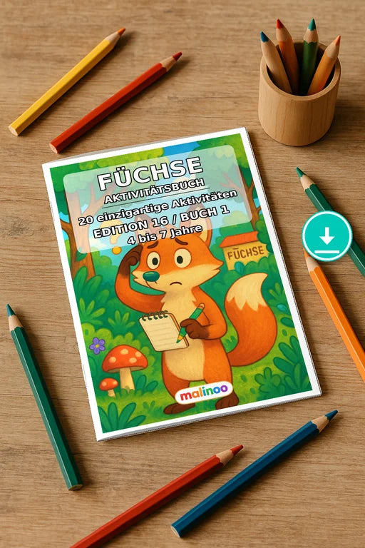 Füchse Aktivitätsbuch 20 Rätsel- und Aktivitätsseiten PDF Download – Mockup-Ansicht