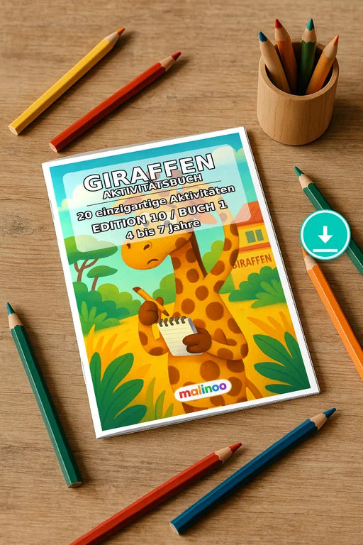 Giraffen Aktivitätsbuch 20 Rätsel- und Aktivitätsseiten PDF Download – Mockup-Ansicht