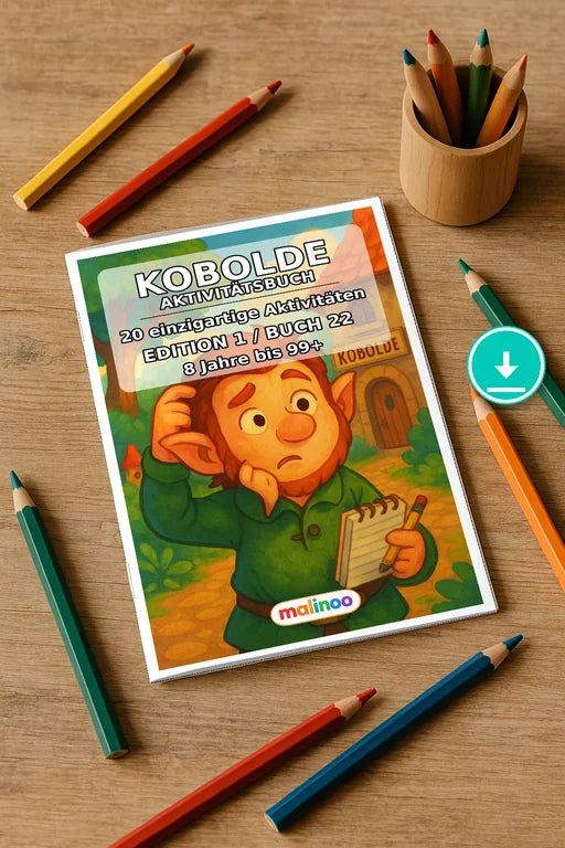 Kobolde Aktivitätsbuch 20 Rätsel- und Aktivitätsseiten PDF – Mockup-Ansicht