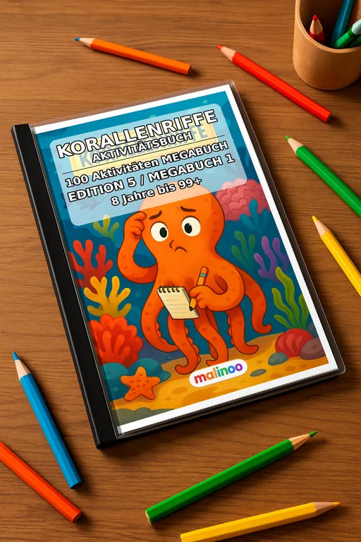 Korallenriffe Aktivitätsbuch 100 Rätsel- und Aktivitätsseiten gedruckt – Mockup-Ansicht