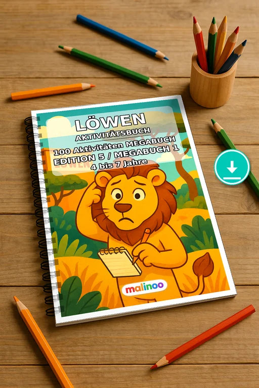 Löwen Aktivitätsbuch 100 Rätsel- und Aktivitätsseiten PDF Download – Mockup-Ansicht