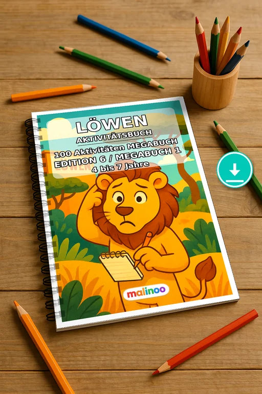 Löwen Aktivitätsbuch 100 Rätsel- und Aktivitätsseiten PDF Download – Mockup-Ansicht