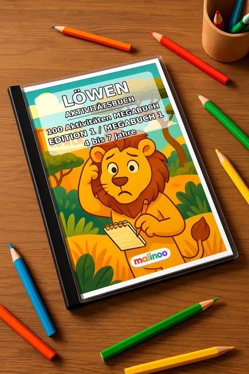 Löwen Aktivitätsbuch 100 Rätsel- und Aktivitätsseiten gedruckt+gebunde – Mockup-Ansicht
