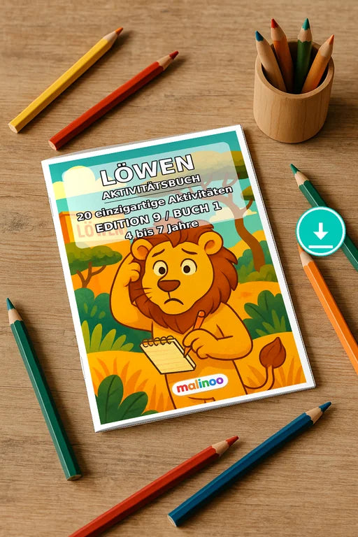Löwen Aktivitätsbuch 20 Rätsel- und Aktivitätsseiten PDF Download – Mockup-Ansicht