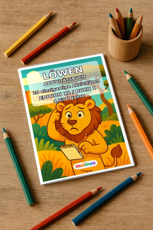 Löwen Aktivitätsbuch 20 Rätsel- und Aktivitätsseiten gedruckt+gebunden – Mockup-Ansicht