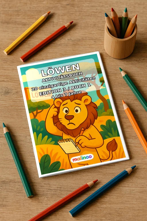 Löwen Aktivitätsbuch 20 Rätsel- und Aktivitätsseiten gedruckt+gebunden – Mockup-Ansicht