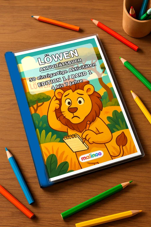 Löwen Aktivitätsbuch 50 Rätsel- und Aktivitätsseiten gedruckt+gebunden – Mockup-Ansicht