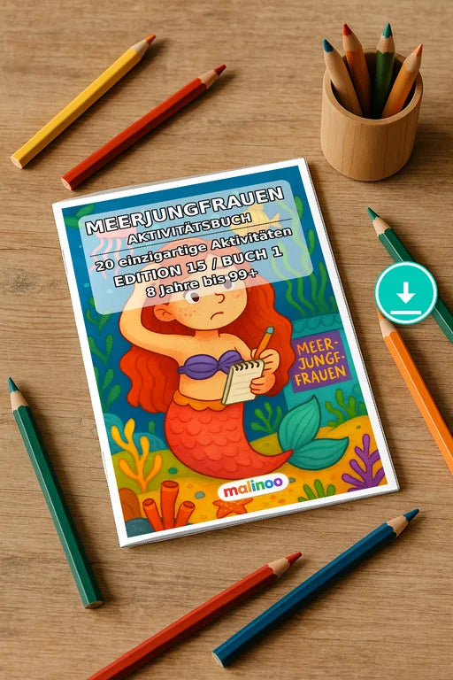 Meerjungfrauen Aktivitätsbuch 20 Rätsel- und Aktivitätsseiten PDF Down – Mockup-Ansicht