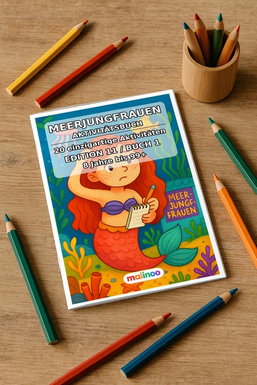 Meerjungfrauen Aktivitätsbuch 20 Rätsel- und Aktivitätsseiten gedruckt – Mockup-Ansicht