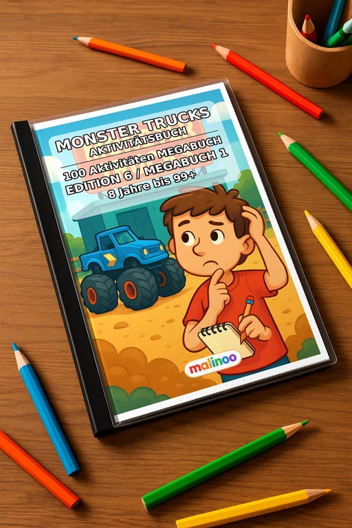 Monster Trucks Aktivitätsbuch 100 Rätsel- und Aktivitätsseiten gedruck – Mockup-Ansicht