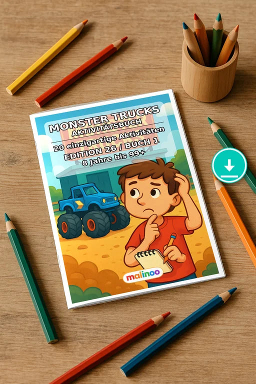 Monster Trucks Aktivitätsbuch 20 Rätsel- und Aktivitätsseiten PDF Down – Mockup-Ansicht
