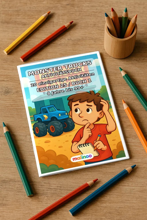Monster Trucks Aktivitätsbuch 20 Rätsel- und Aktivitätsseiten gedruckt – Mockup-Ansicht