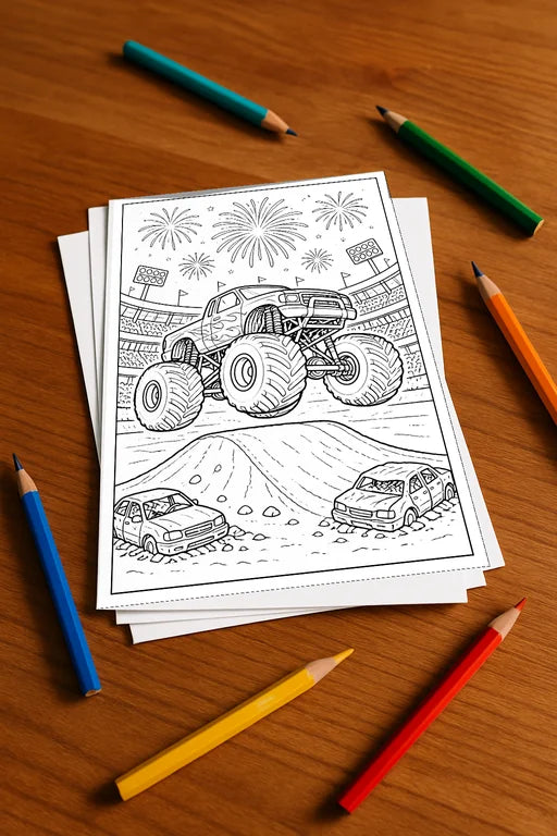 Monster Trucks Aktivitätsbuch 20 Rätsel- und Aktivitätsseiten gedruckt – Mockup-Ansicht
