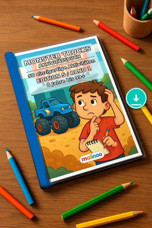 Monster Trucks Aktivitätsbuch 50 Rätsel- und Aktivitätsseiten PDF Down – Mockup-Ansicht