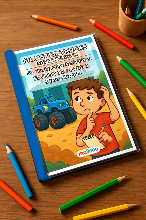 Monster Trucks Aktivitätsbuch 50 Rätsel- und Aktivitätsseiten gedruckt – Mockup-Ansicht