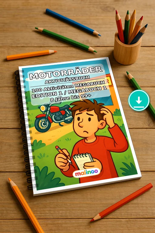 Motorräder Aktivitätsbuch 100 Rätsel- und Aktivitätsseiten PDF Downloa – Mockup-Ansicht