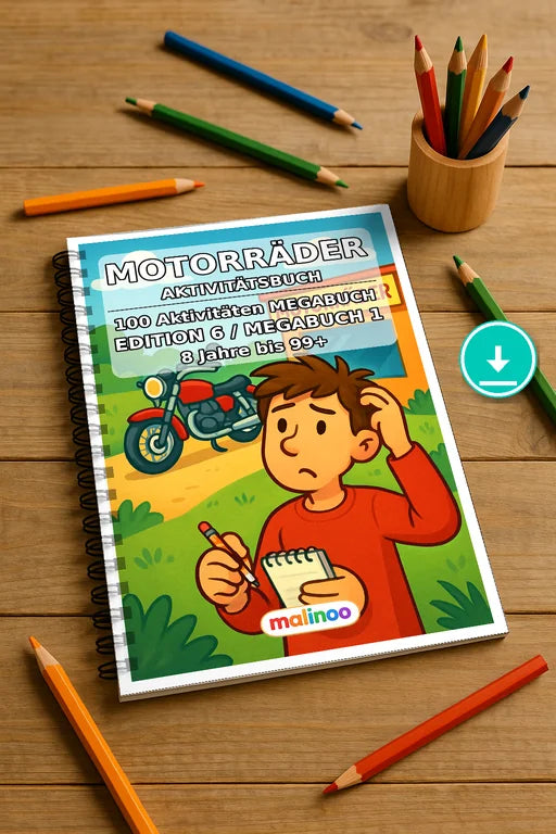 Motorräder Aktivitätsbuch 100 Rätsel- und Aktivitätsseiten PDF Downloa – Mockup-Ansicht