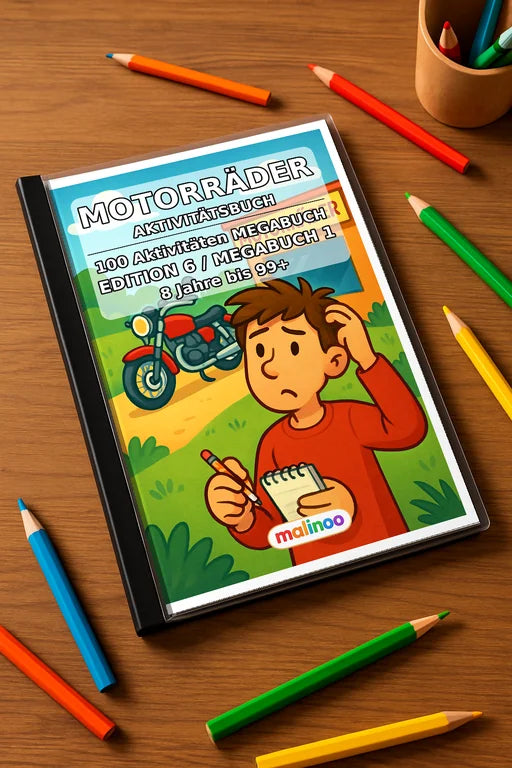 Motorräder Aktivitätsbuch 100 Rätsel- und Aktivitätsseiten gedruckt+ge – Mockup-Ansicht