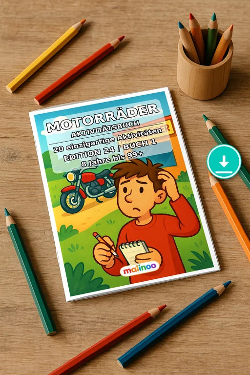Motorräder Aktivitätsbuch 20 Rätsel- und Aktivitätsseiten PDF Download – Mockup-Ansicht