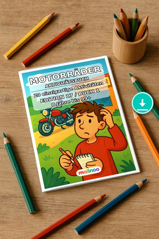 Motorräder Aktivitätsbuch 20 Rätsel- und Aktivitätsseiten PDF Download – Mockup-Ansicht