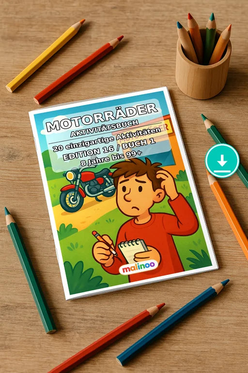 Motorräder Aktivitätsbuch 20 Rätsel- und Aktivitätsseiten PDF Download – Mockup-Ansicht