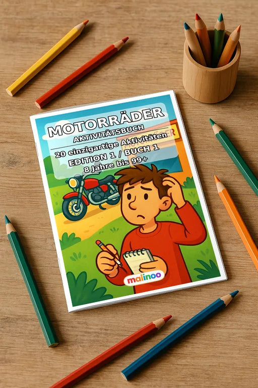 Motorräder Aktivitätsbuch 20 Rätsel- und Aktivitätsseiten gedruckt+geb – Mockup-Ansicht