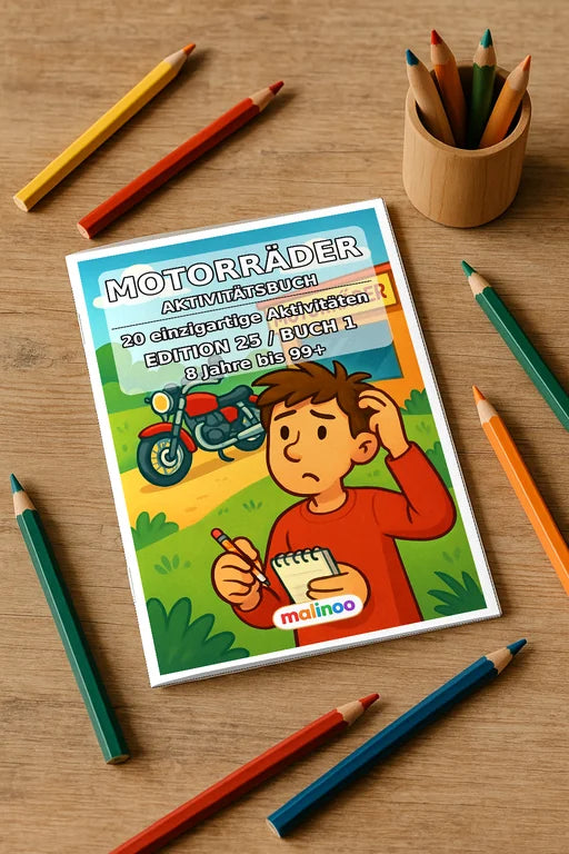 Motorräder Aktivitätsbuch 20 Rätsel- und Aktivitätsseiten gedruckt+geb – Mockup-Ansicht
