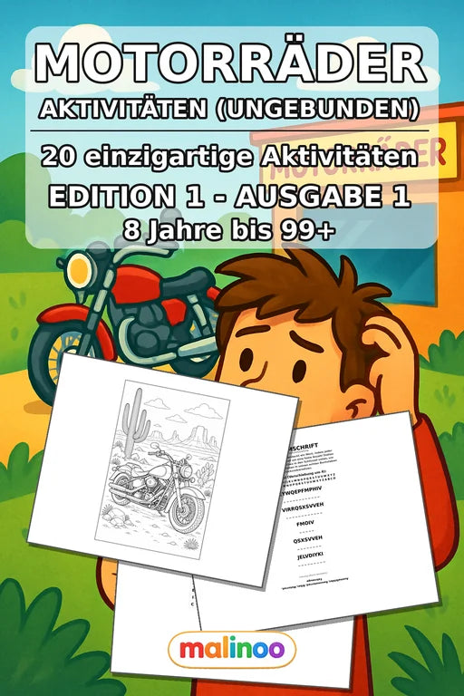 Motorräder Aktivitätsbuch 20 Rätsel- und Aktivitätsseiten gedruckt+los – Cover